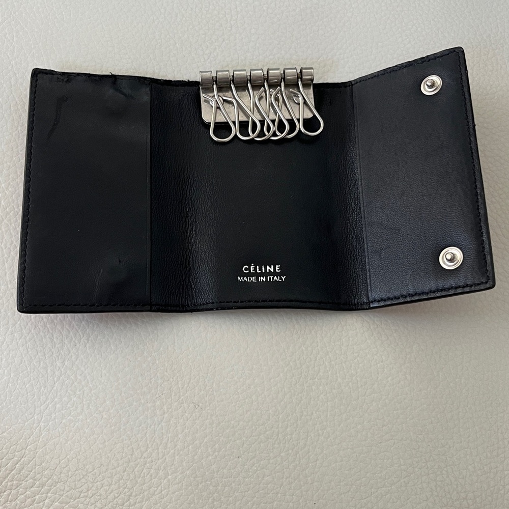 Celine Leather Key & Card Wallet with Silver Logo